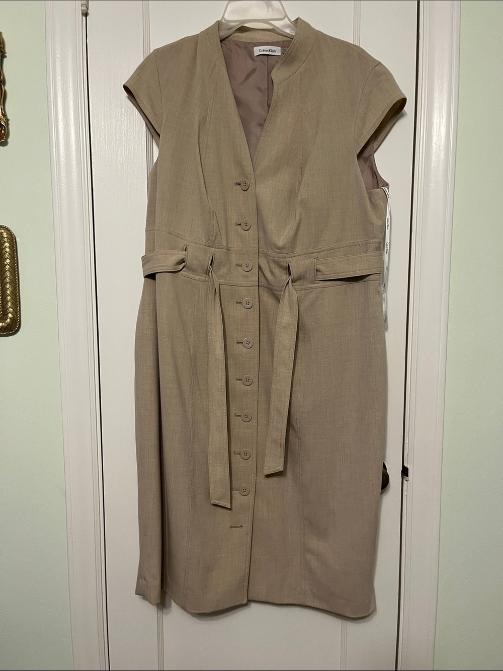 Calvin Klein Neutral Taupe Button-Front Belted Dress